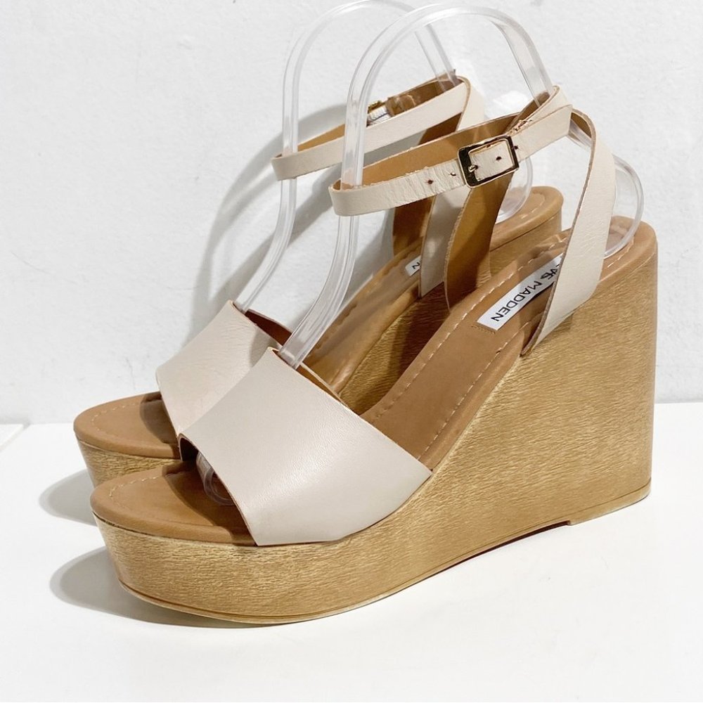 Steve Madden Cream Leather Platform Wedge Sandals - Picture 3 of 7